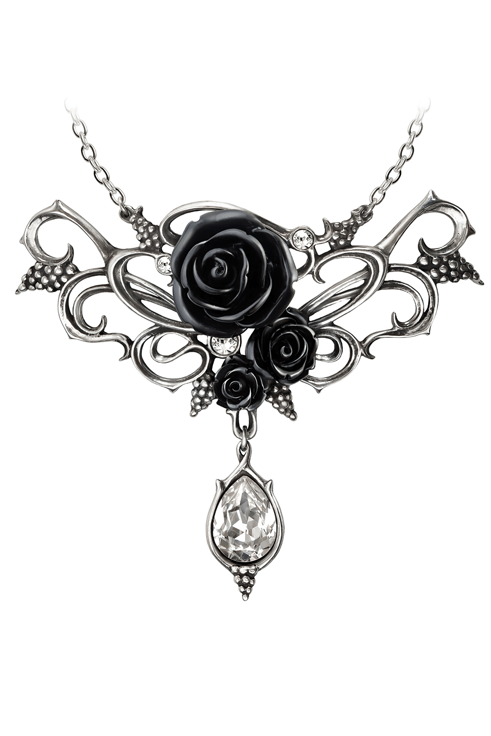 Gothic Black Rose Necklace with Teardrop Crystal Charm