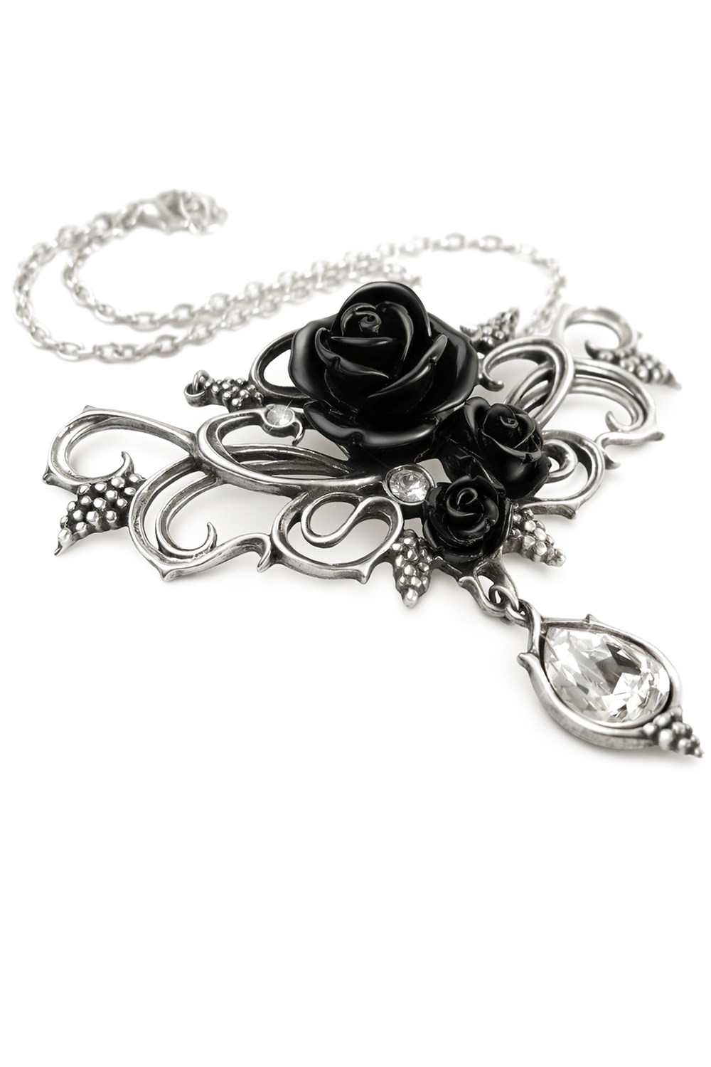 Gothic Black Rose Necklace with Teardrop Crystal Charm