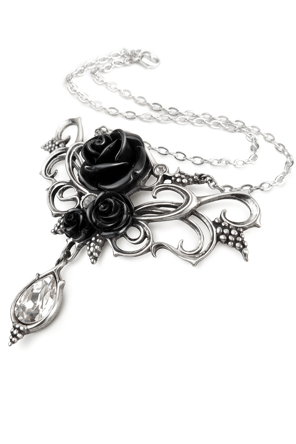 Gothic Black Rose Necklace with Teardrop Crystal Charm
