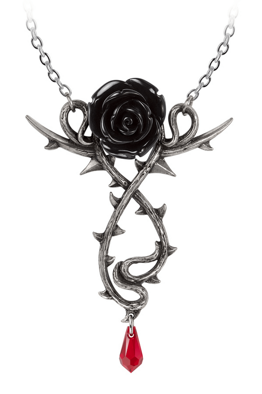 Gothic Black Rose Necklace with Thorns and Red Crystal Drop