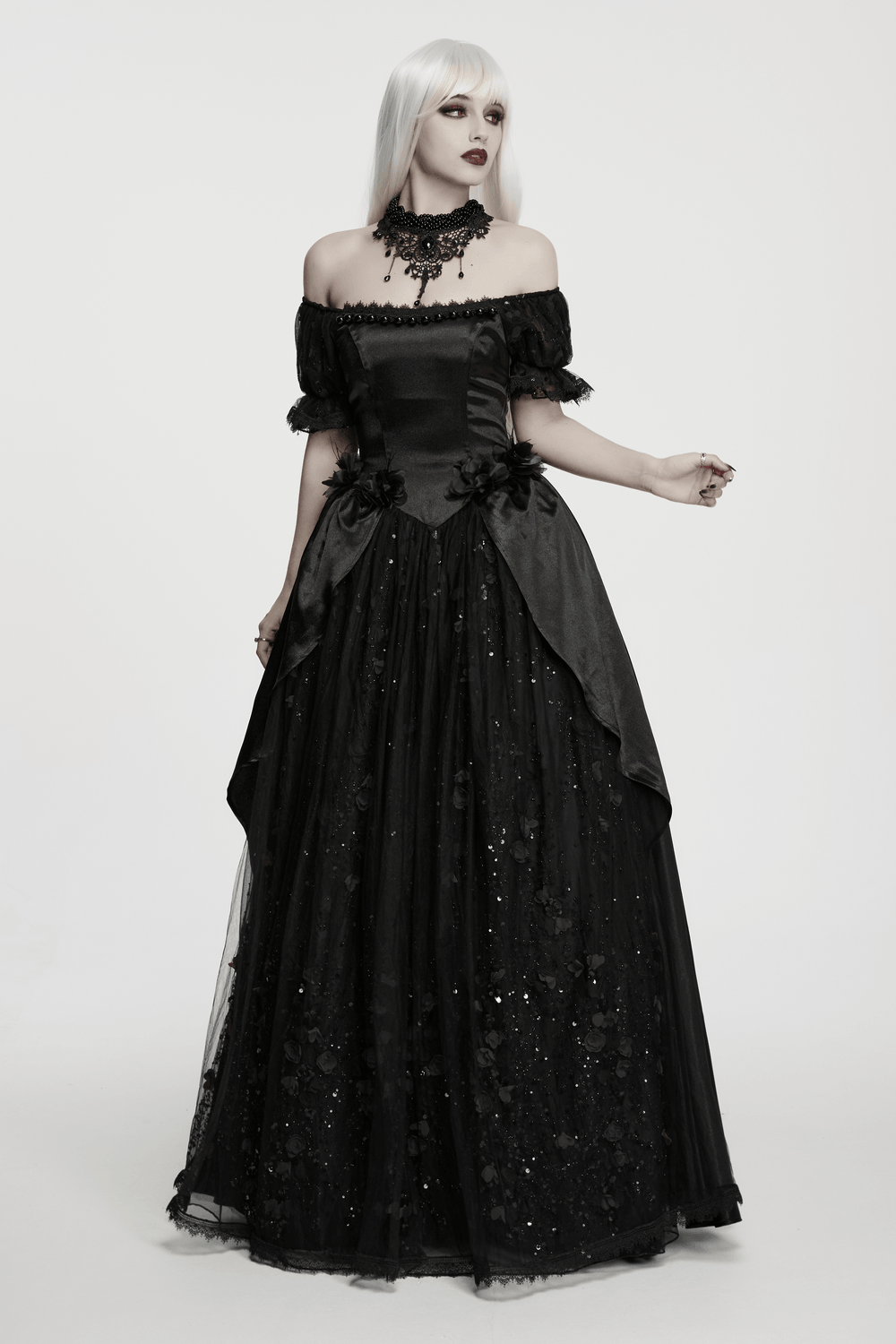 Gothic Black Rose Satin Lace Maxi Evening Dress