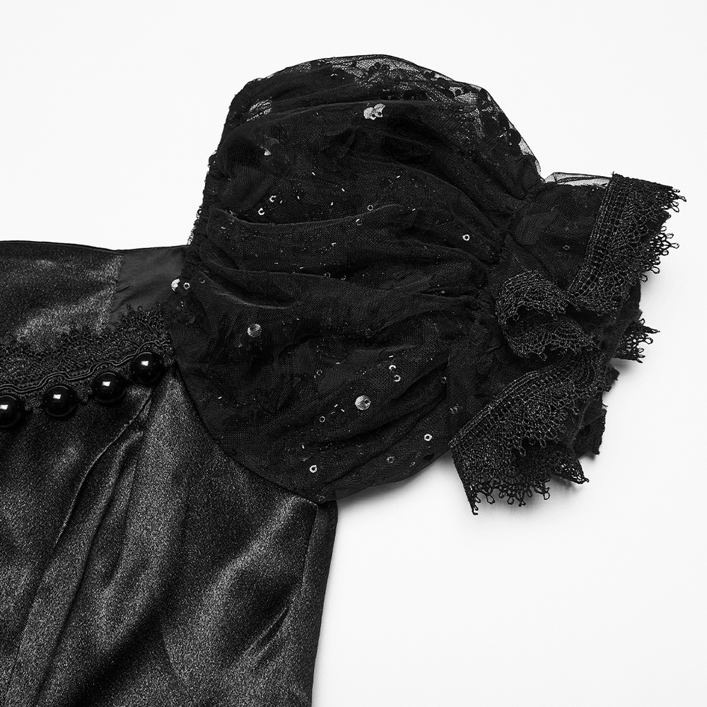 Gothic Black Rose Satin Lace Maxi Evening Dress