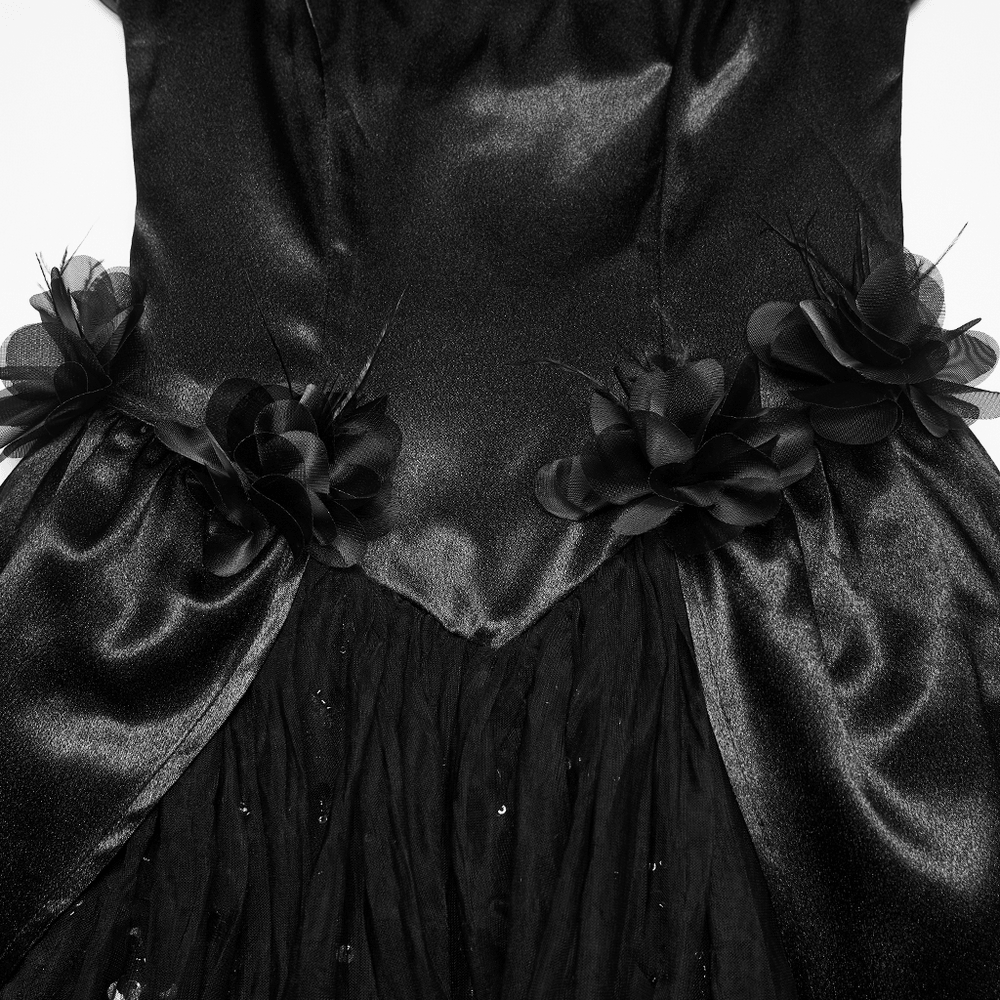Gothic Black Rose Satin Lace Maxi Evening Dress