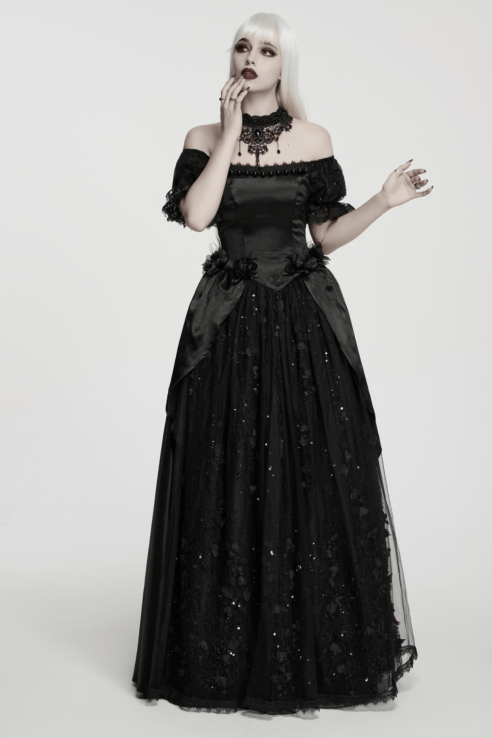 Gothic Black Rose Satin Lace Maxi Evening Dress