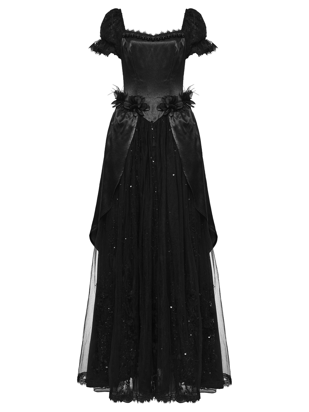 Gothic Black Rose Satin Lace Maxi Evening Dress
