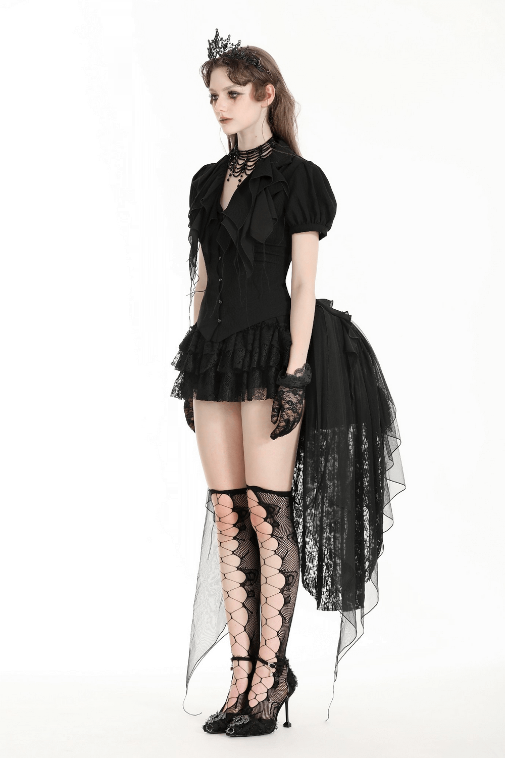 Gothic Black Ruffled Blouse with Corset Lace Back