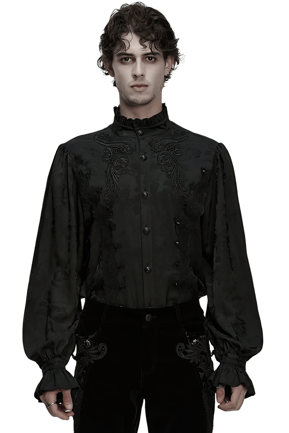 Gothic Black Ruffled Collar Embroidered Long Sleeve Shirt