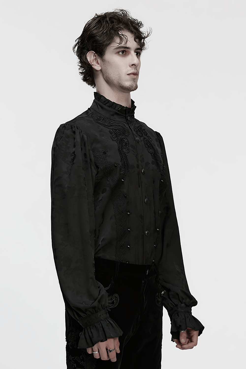 Gothic Black Ruffled Collar Embroidered Long Sleeve Shirt