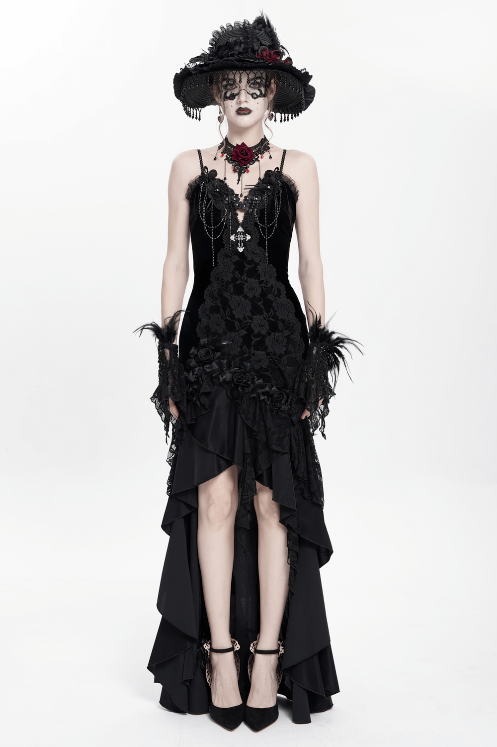 Gothic Black Velvet and Lace High Low Evening Dress