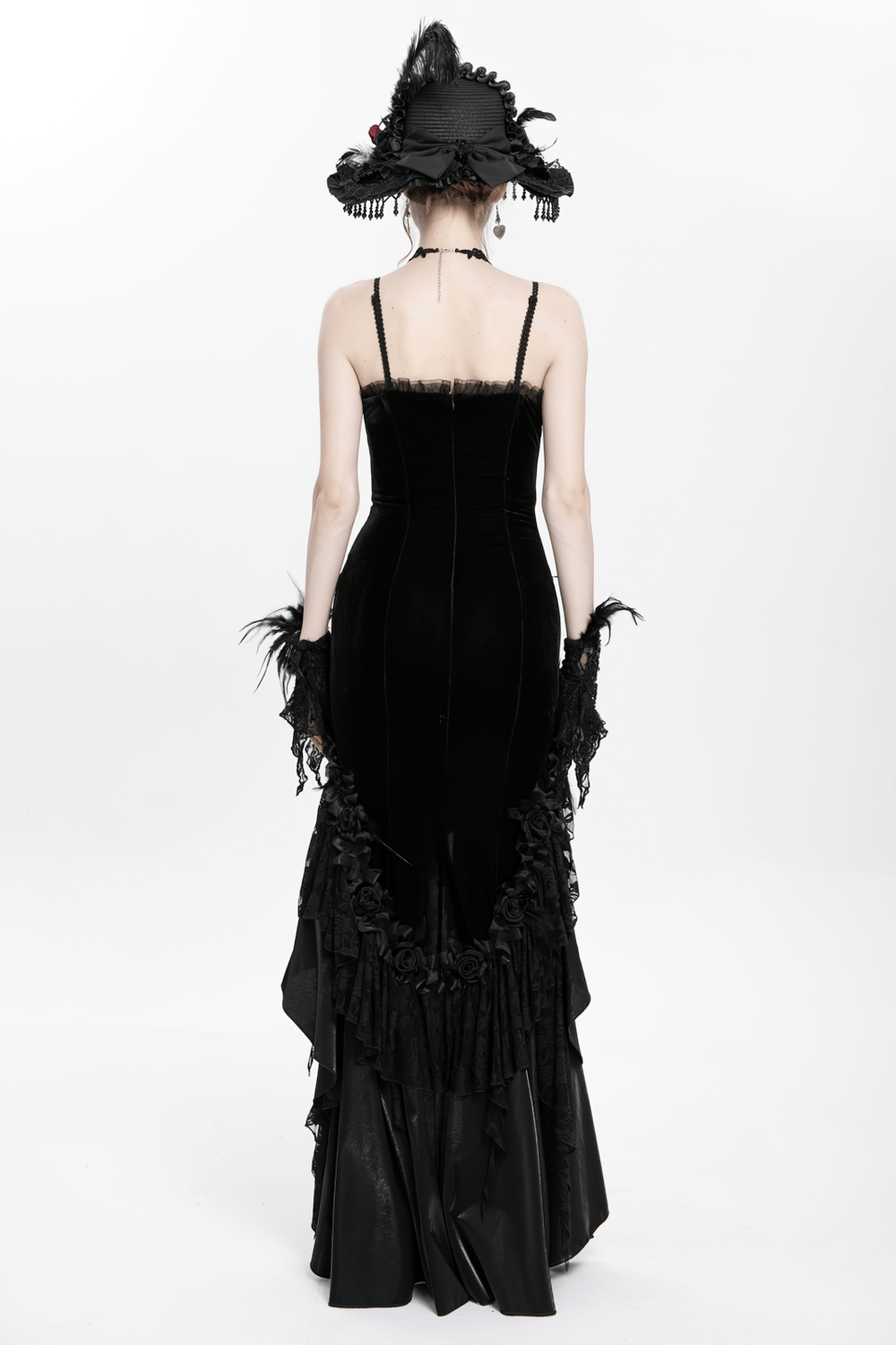 Gothic Black Velvet and Lace High Low Evening Dress