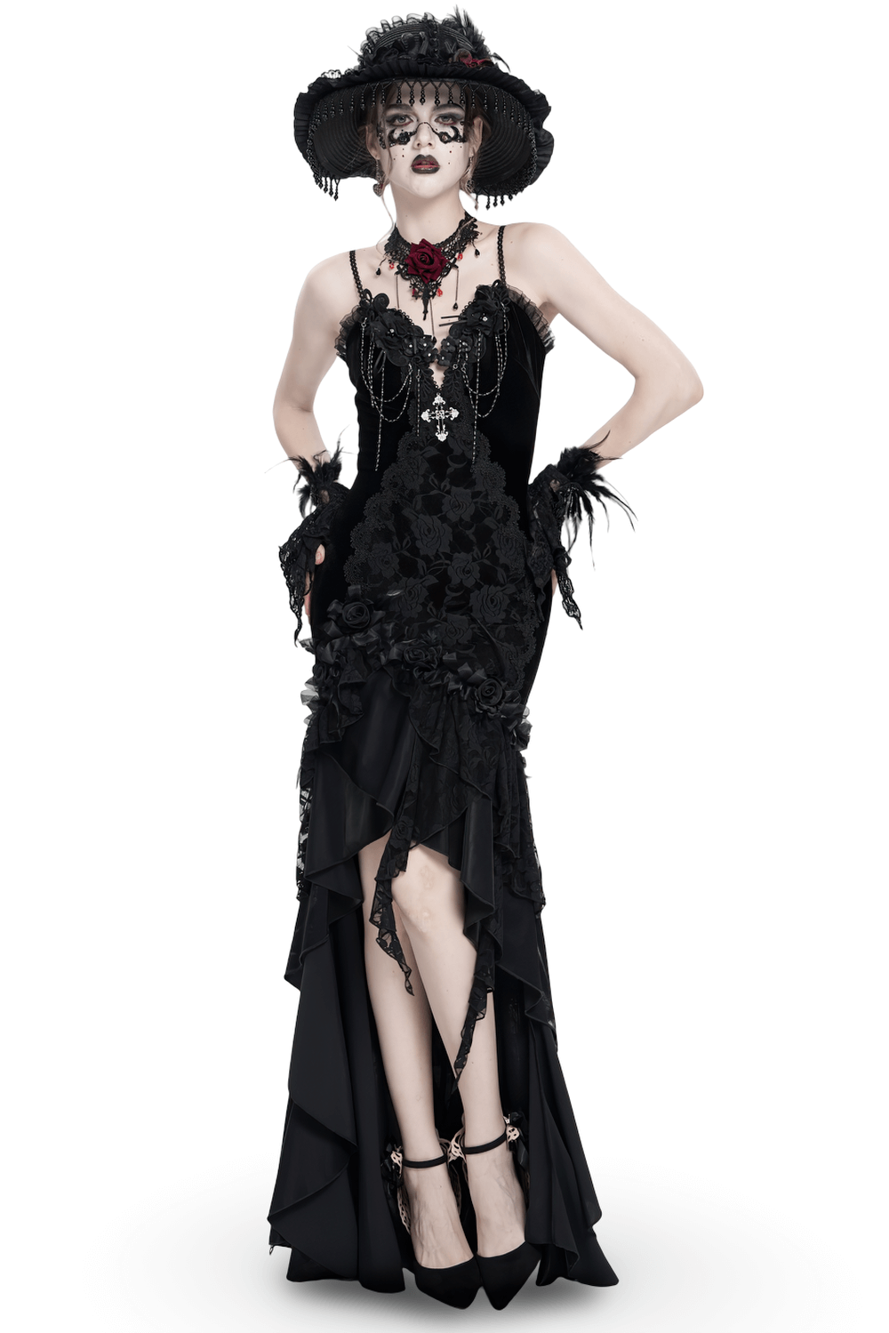 Gothic Black Velvet and Lace High Low Evening Dress