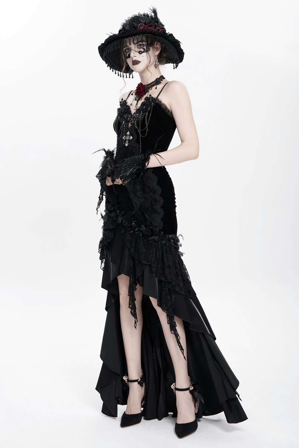 Gothic Black Velvet and Lace High Low Evening Dress