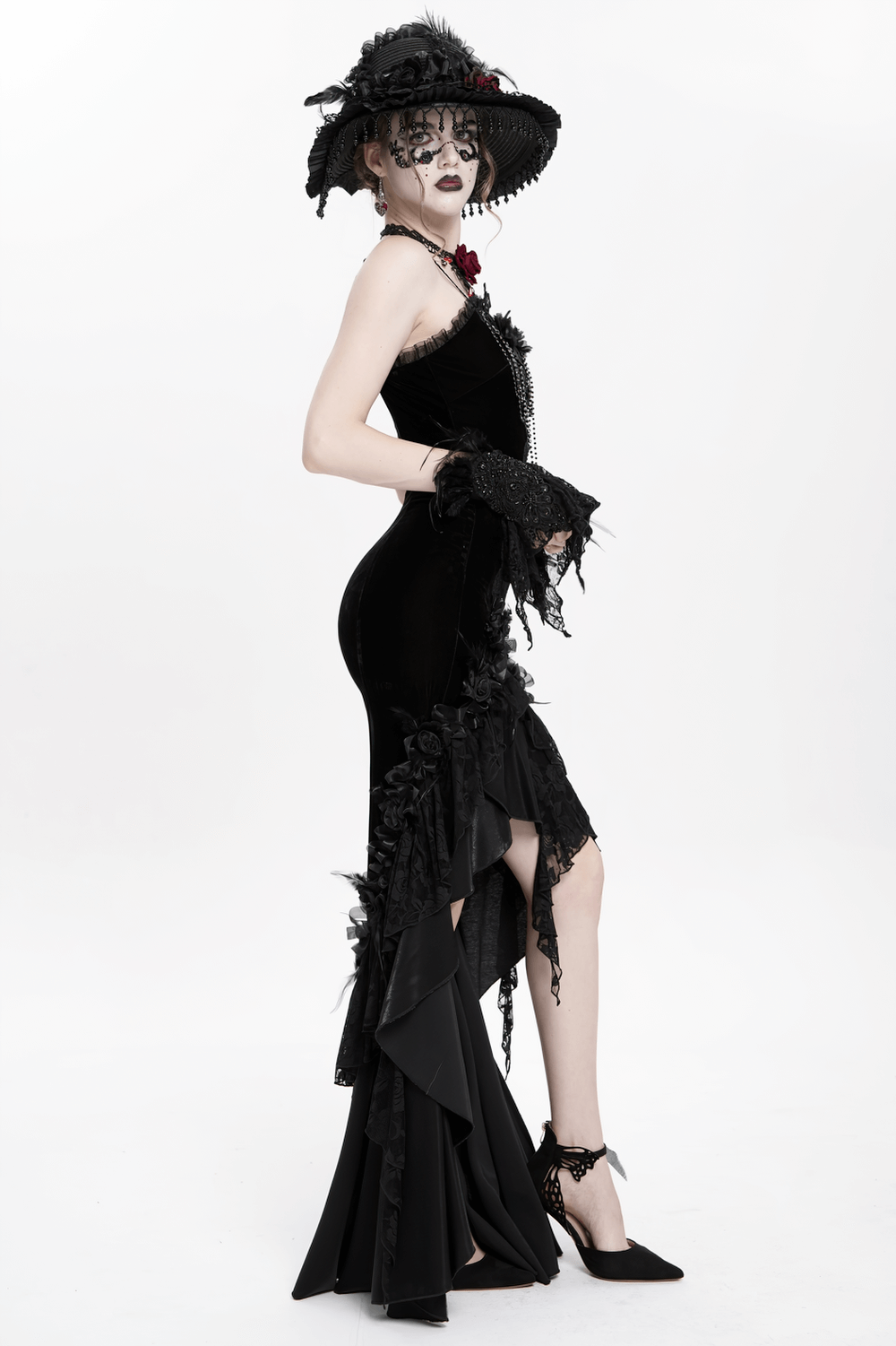 Gothic Black Velvet and Lace High Low Evening Dress