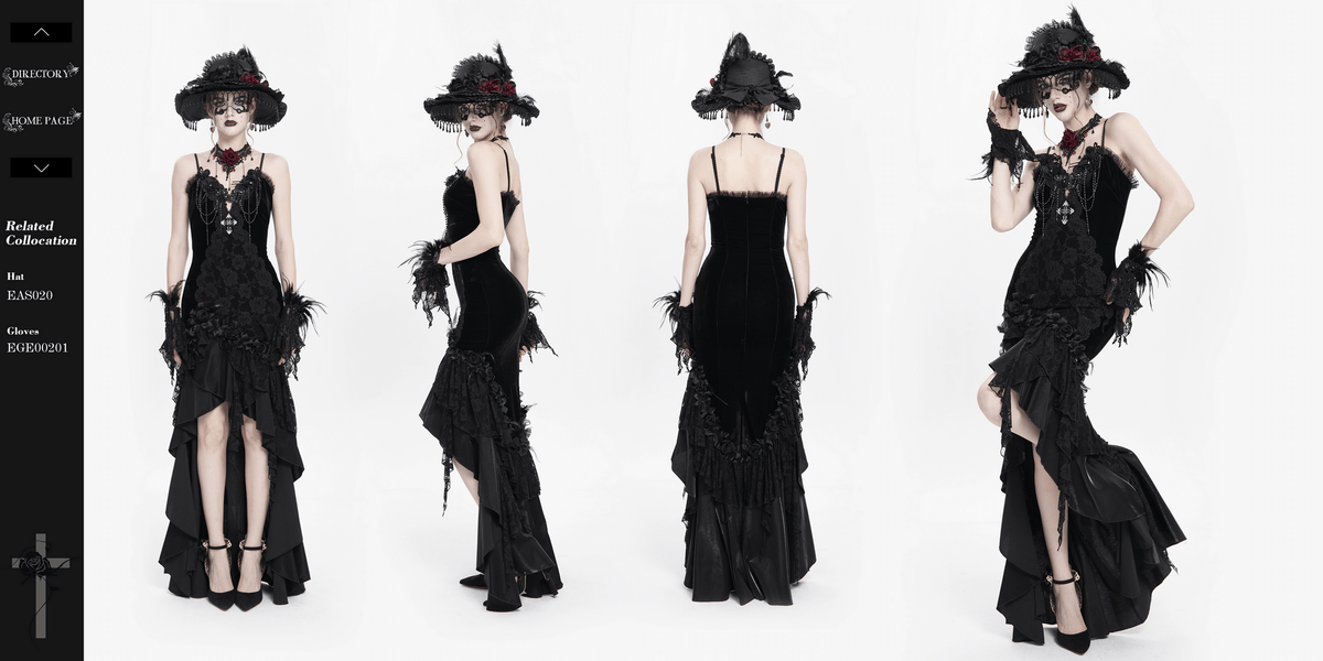 Gothic Black Velvet and Lace High Low Evening Dress