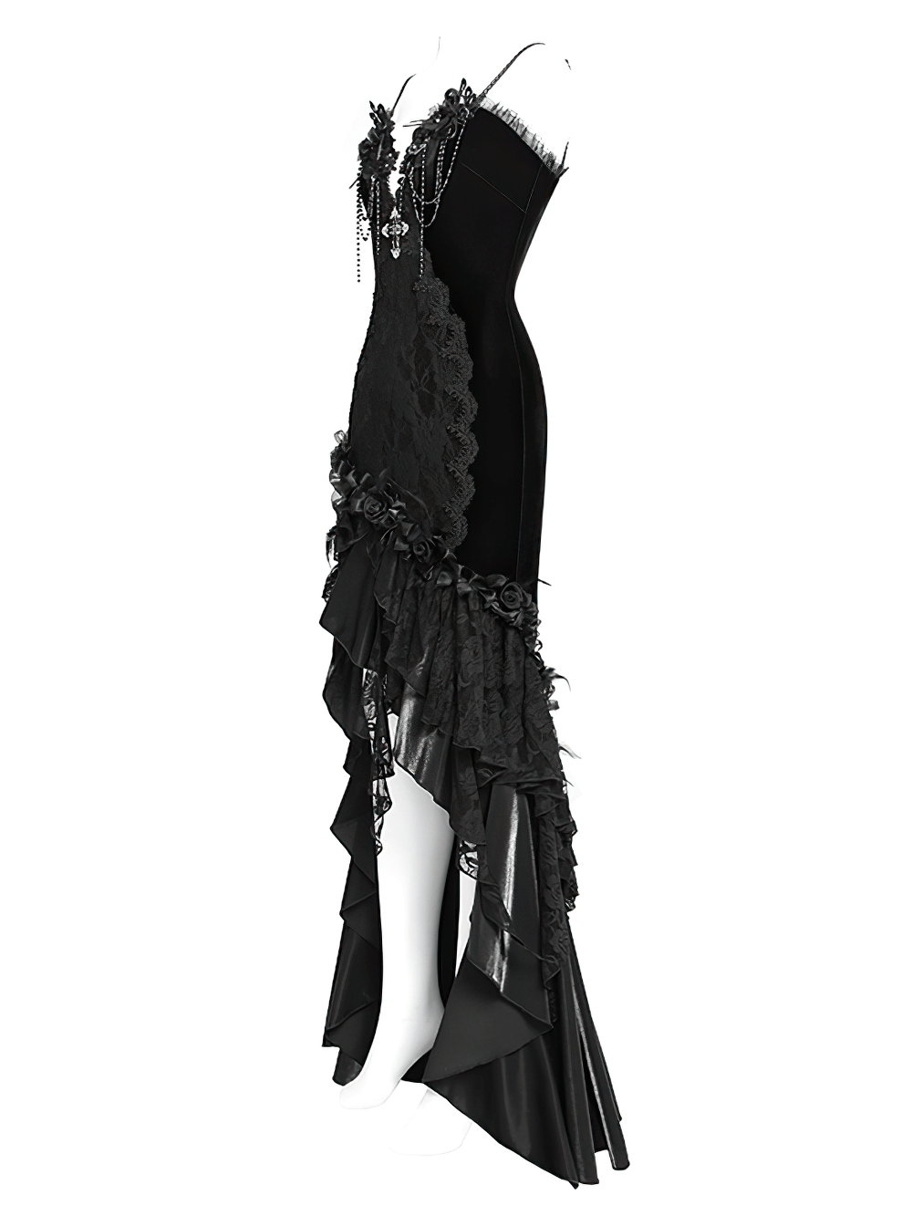 Gothic Black Velvet and Lace High Low Evening Dress