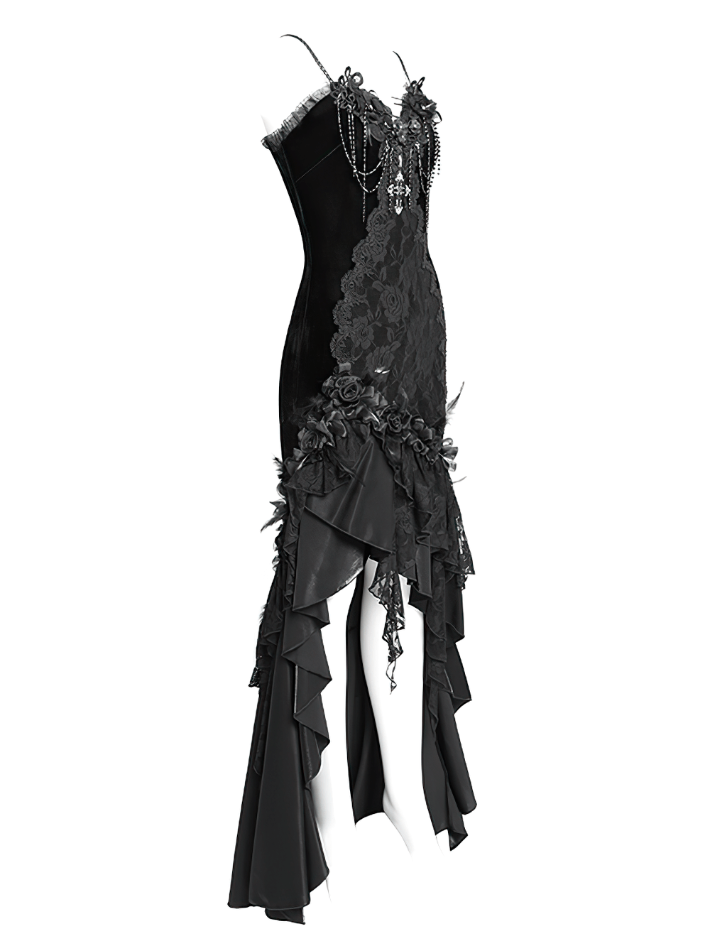 Gothic Black Velvet and Lace High Low Evening Dress