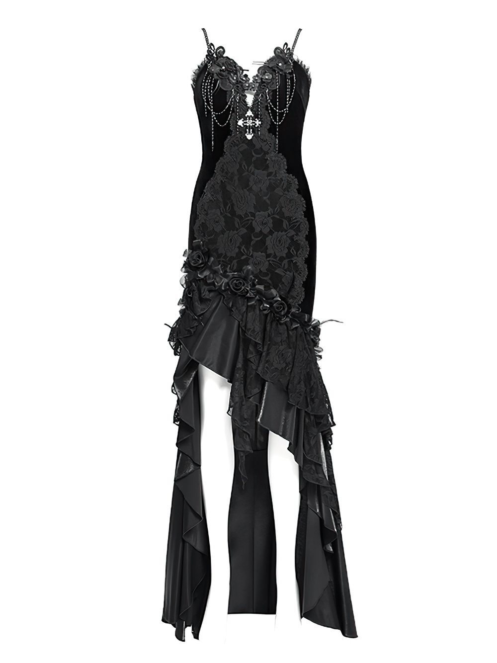 Gothic Black Velvet and Lace High Low Evening Dress