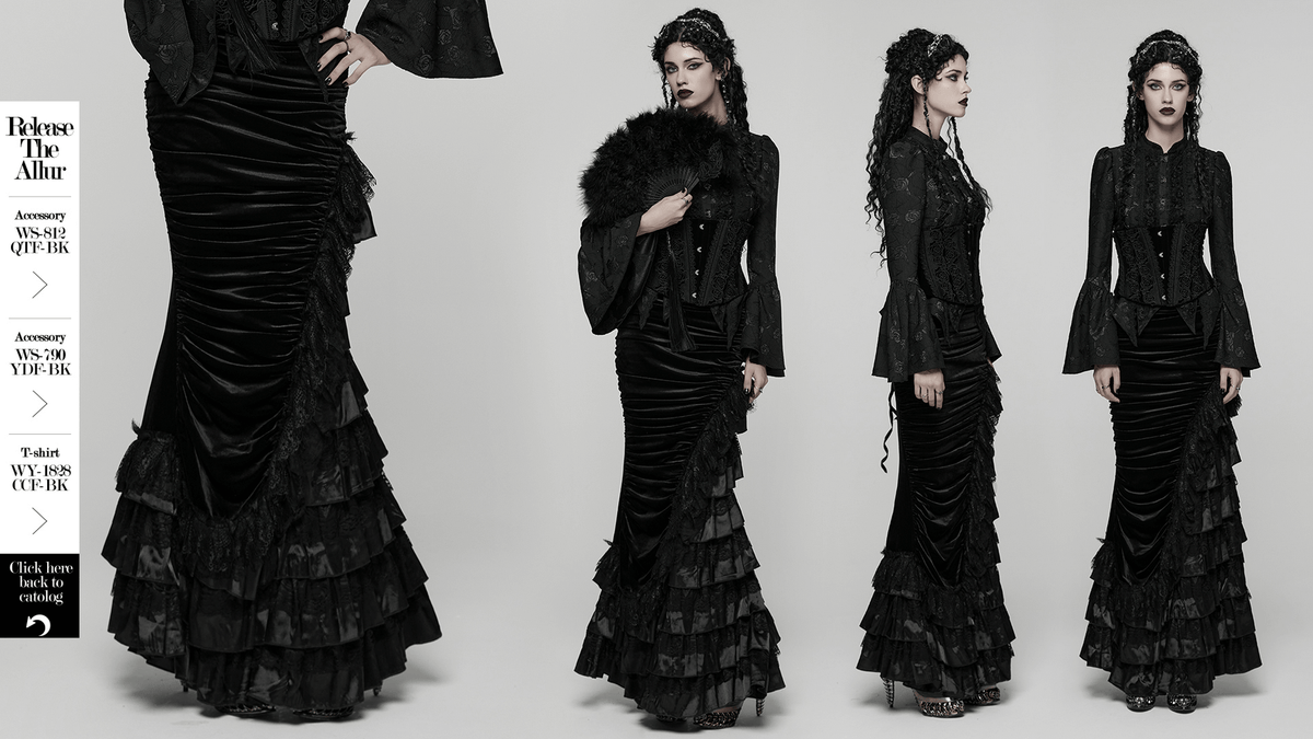 Gothic Black Velvet and Lace Tiered Ruffle Skirt
