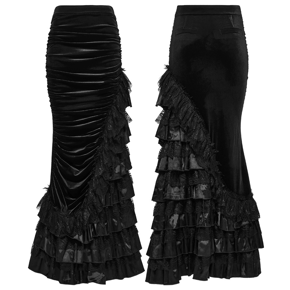 Gothic Black Velvet and Lace Tiered Ruffle Skirt