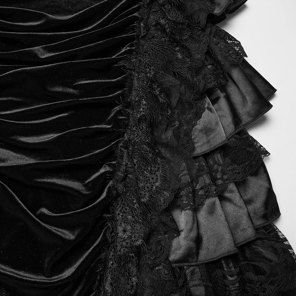 Gothic Black Velvet and Lace Tiered Ruffle Skirt