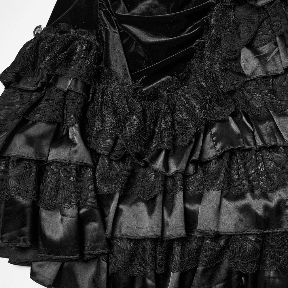 Gothic Black Velvet and Lace Tiered Ruffle Skirt