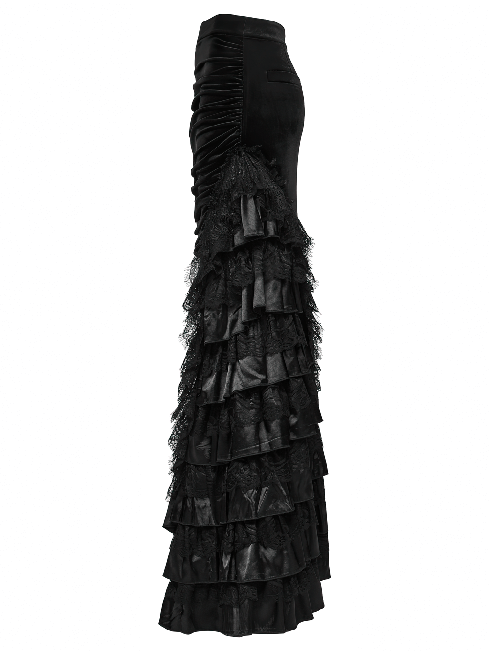 Gothic Black Velvet and Lace Tiered Ruffle Skirt