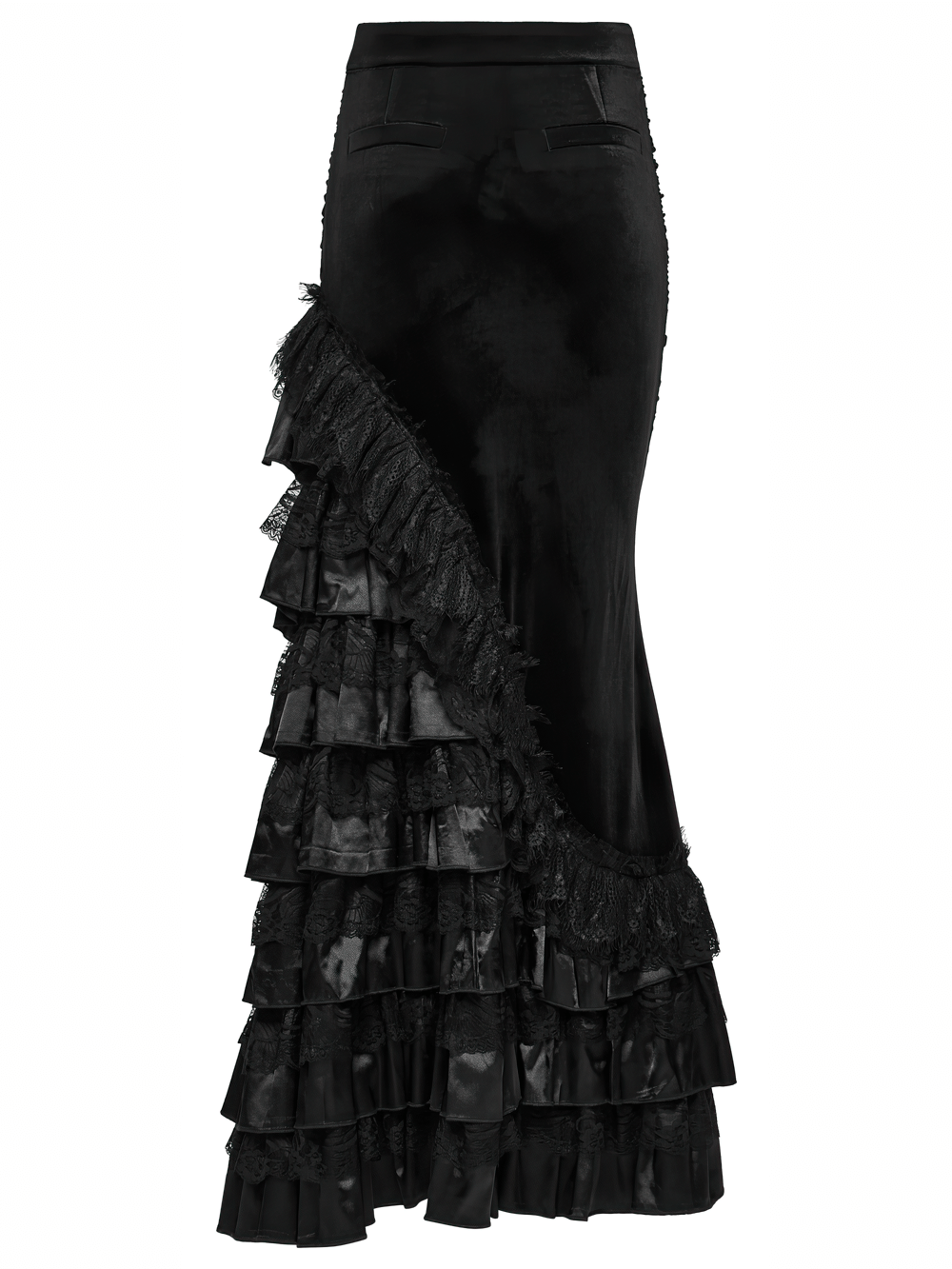 Gothic Black Velvet and Lace Tiered Ruffle Skirt