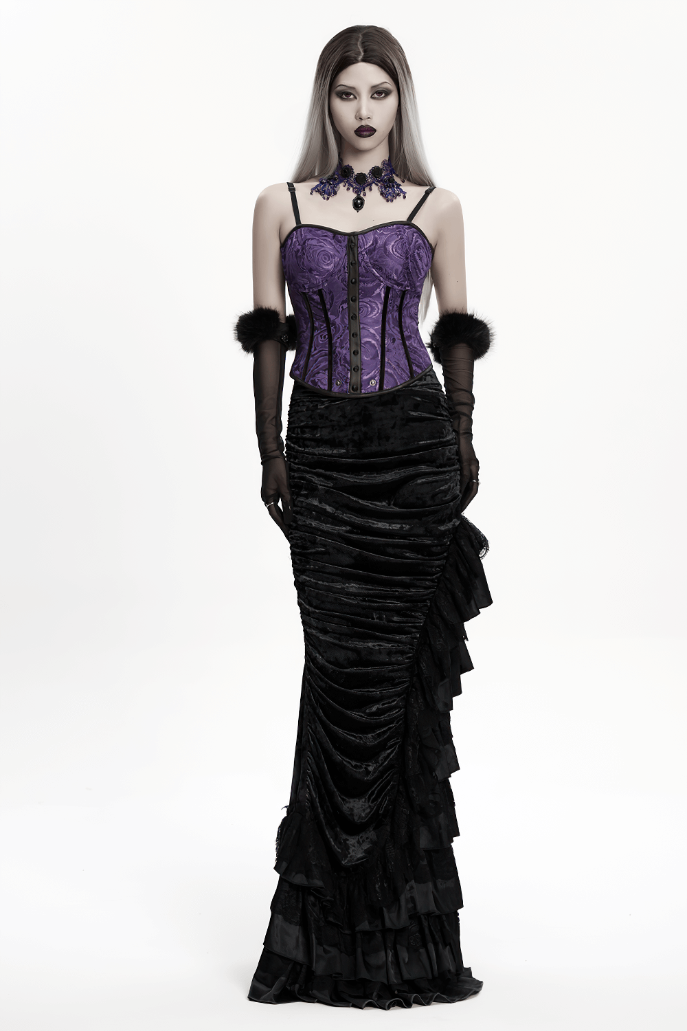 Gothic Black Velvet and Lace Tiered Ruffle Skirt