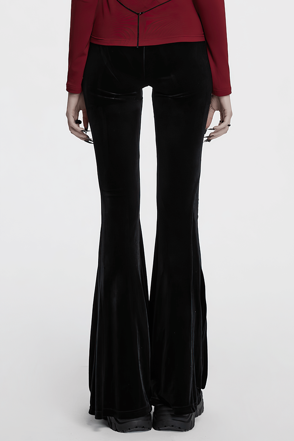 Gothic Black Velvet Flared Pants with Mesh Cutouts