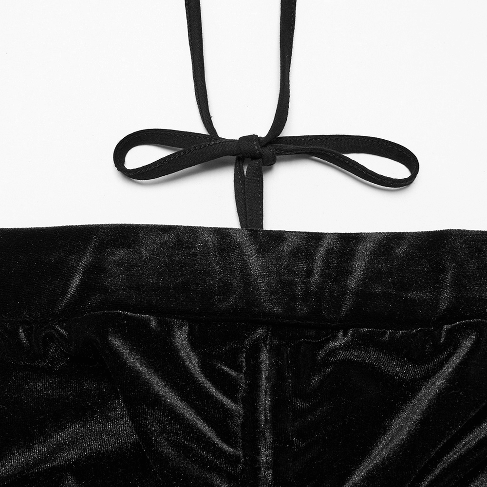 Gothic Black Velvet Flared Pants with Mesh Cutouts