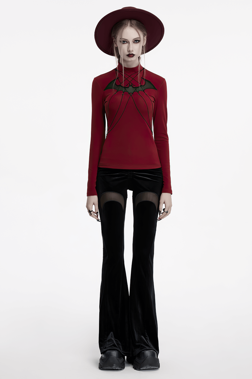 Gothic Black Velvet Flared Pants with Mesh Cutouts