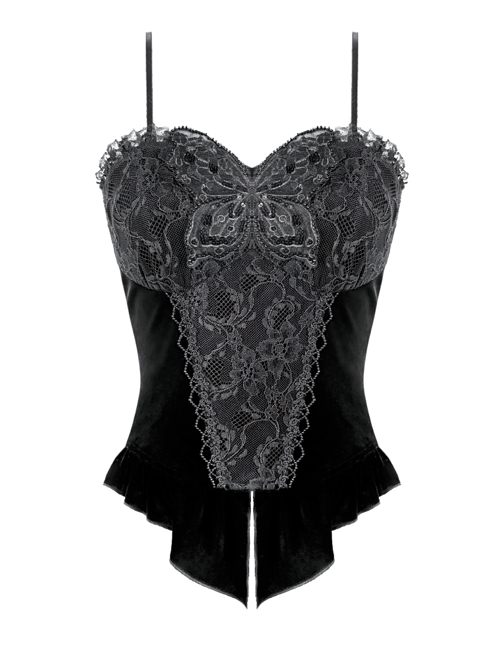 Gothic Black Velvet Lace Corset Camisole with Ruffles