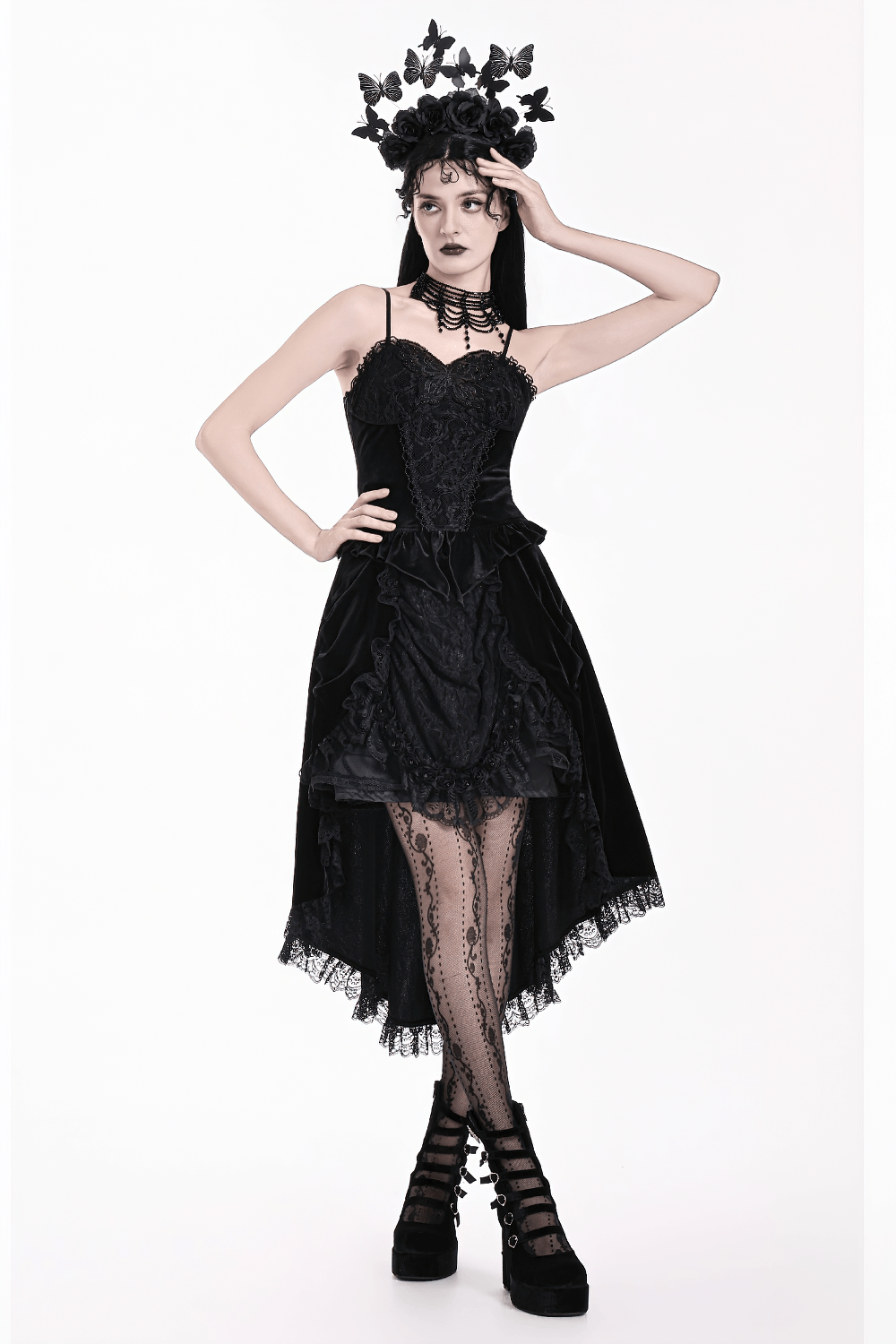 Gothic Black Velvet Lace Corset Camisole with Ruffles