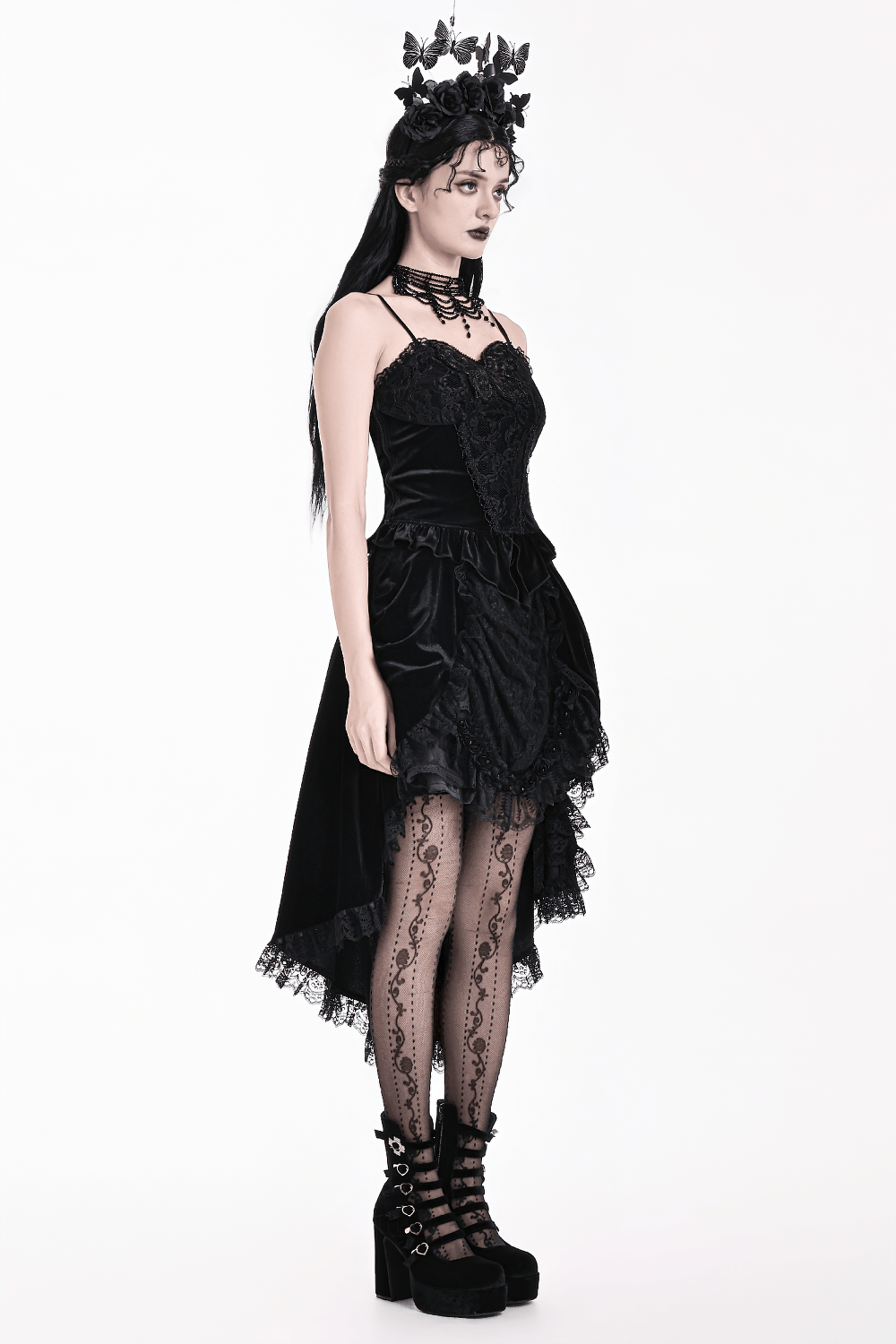Gothic Black Velvet Lace Corset Camisole with Ruffles