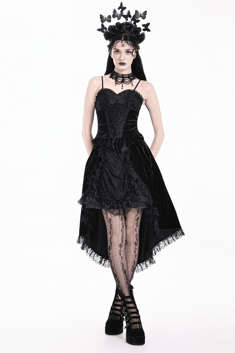 Gothic Black Velvet Lace Corset Camisole with Ruffles