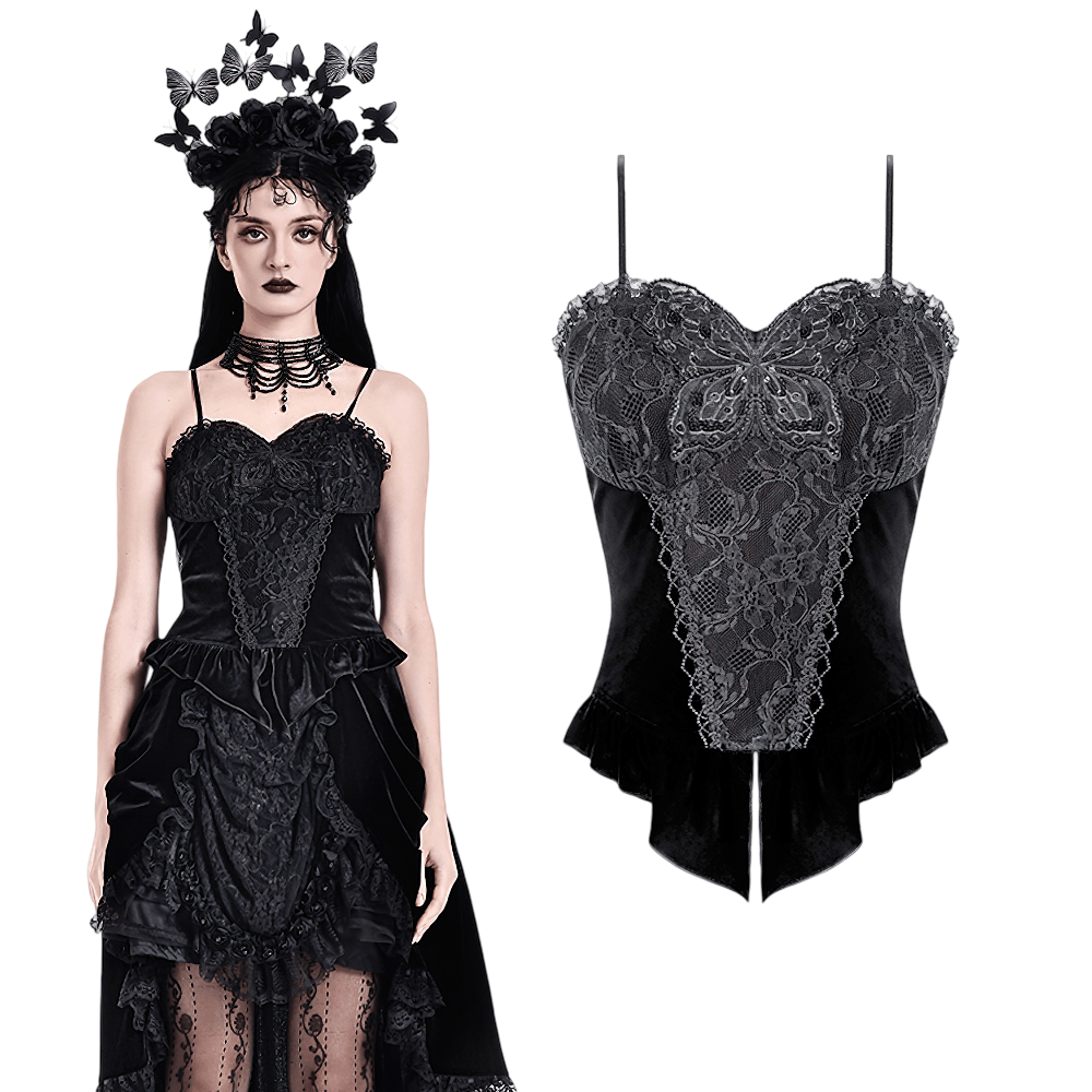 Gothic Black Velvet Lace Corset Camisole with Ruffles