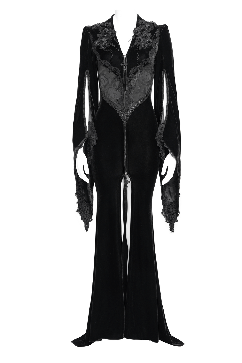 Gothic Black Velvet Long Dress with Lace and Zipper