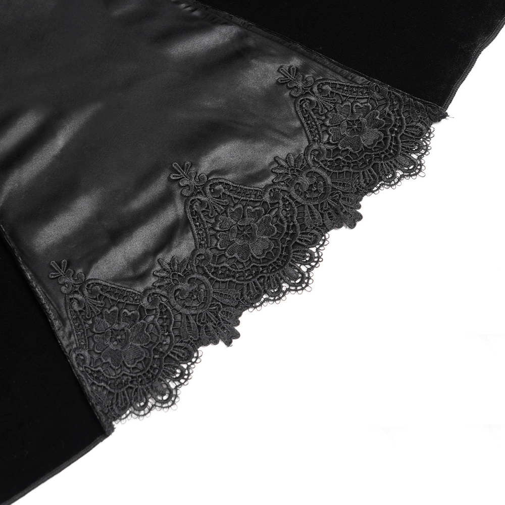 Gothic Black Velvet Long Dress with Lace and Zipper