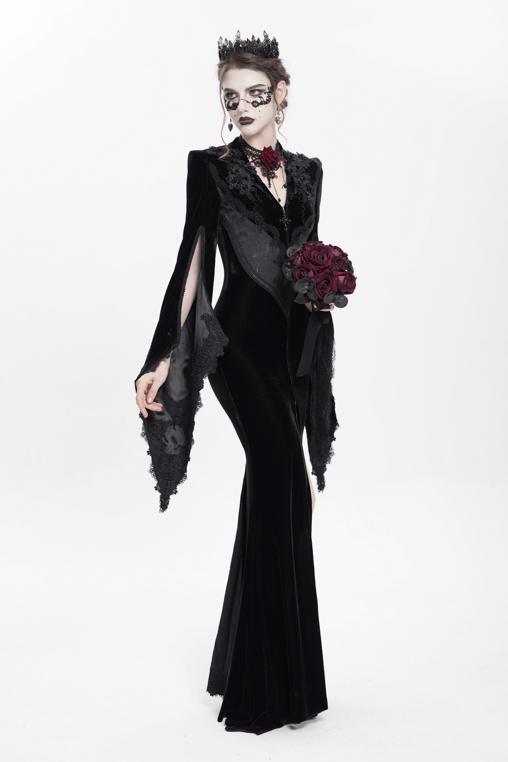 Gothic Black Velvet Long Dress with Lace and Zipper