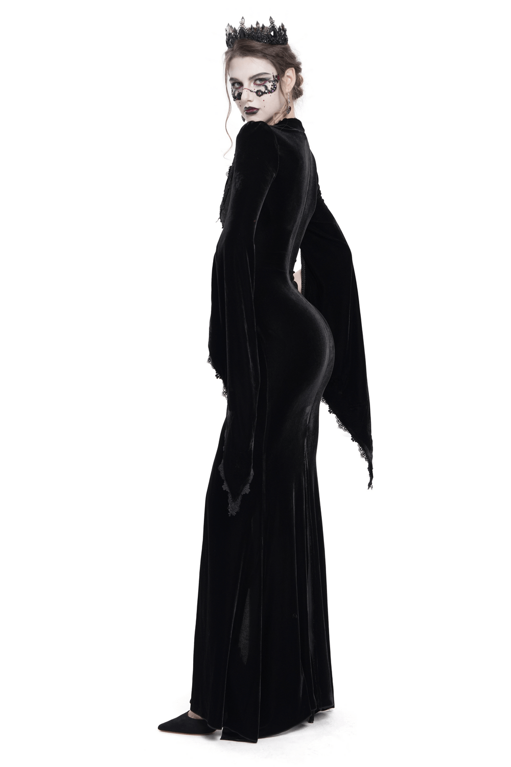 Gothic Black Velvet Long Dress with Lace and Zipper