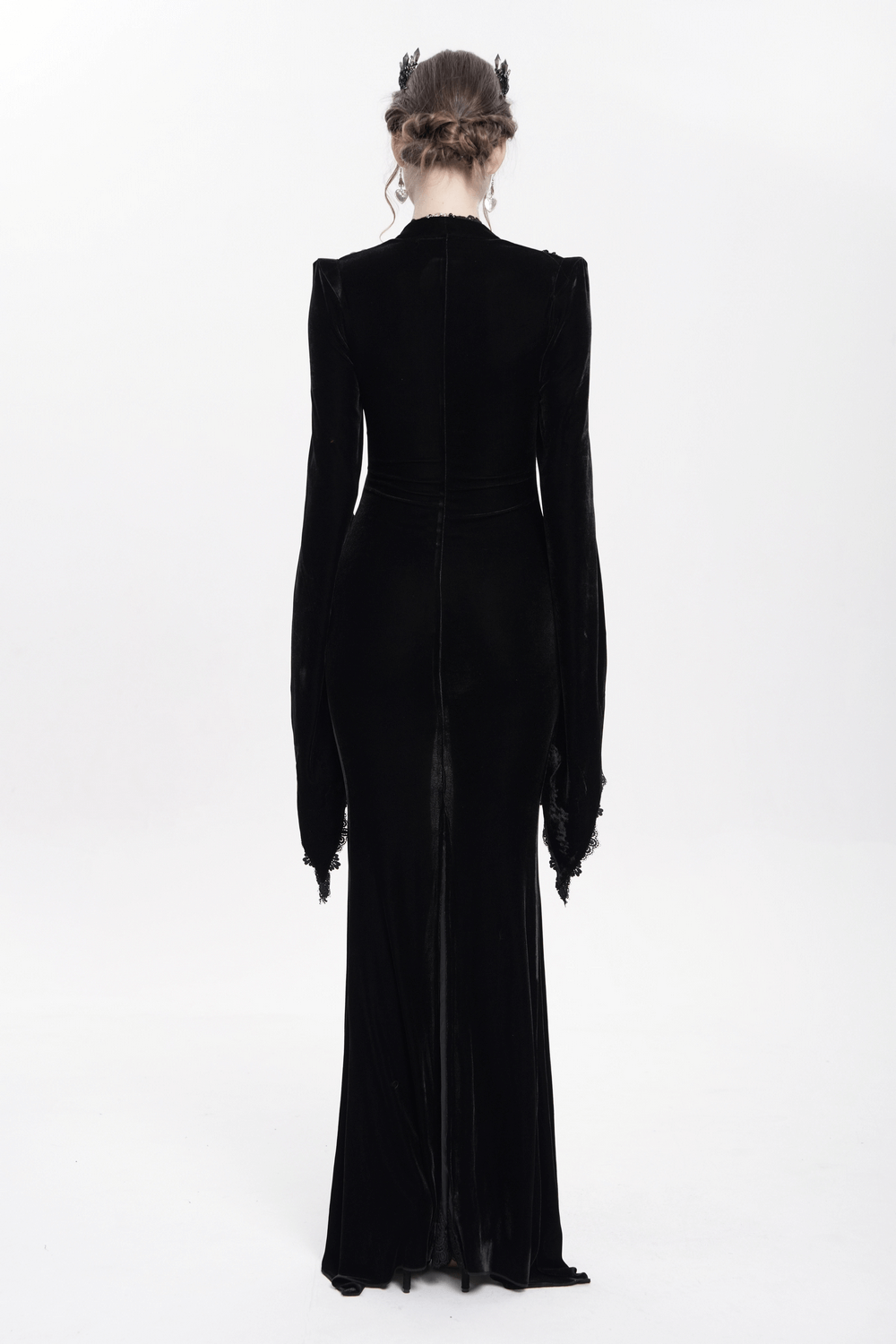 Gothic Black Velvet Long Dress with Lace and Zipper