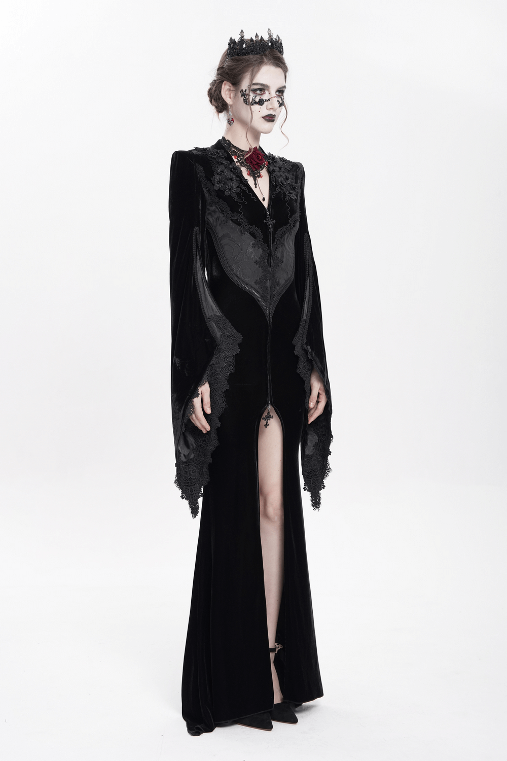 Gothic Black Velvet Long Dress with Lace and Zipper