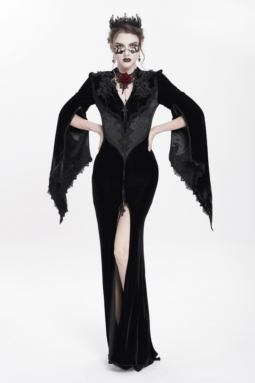 Gothic Black Velvet Long Dress with Lace and Zipper