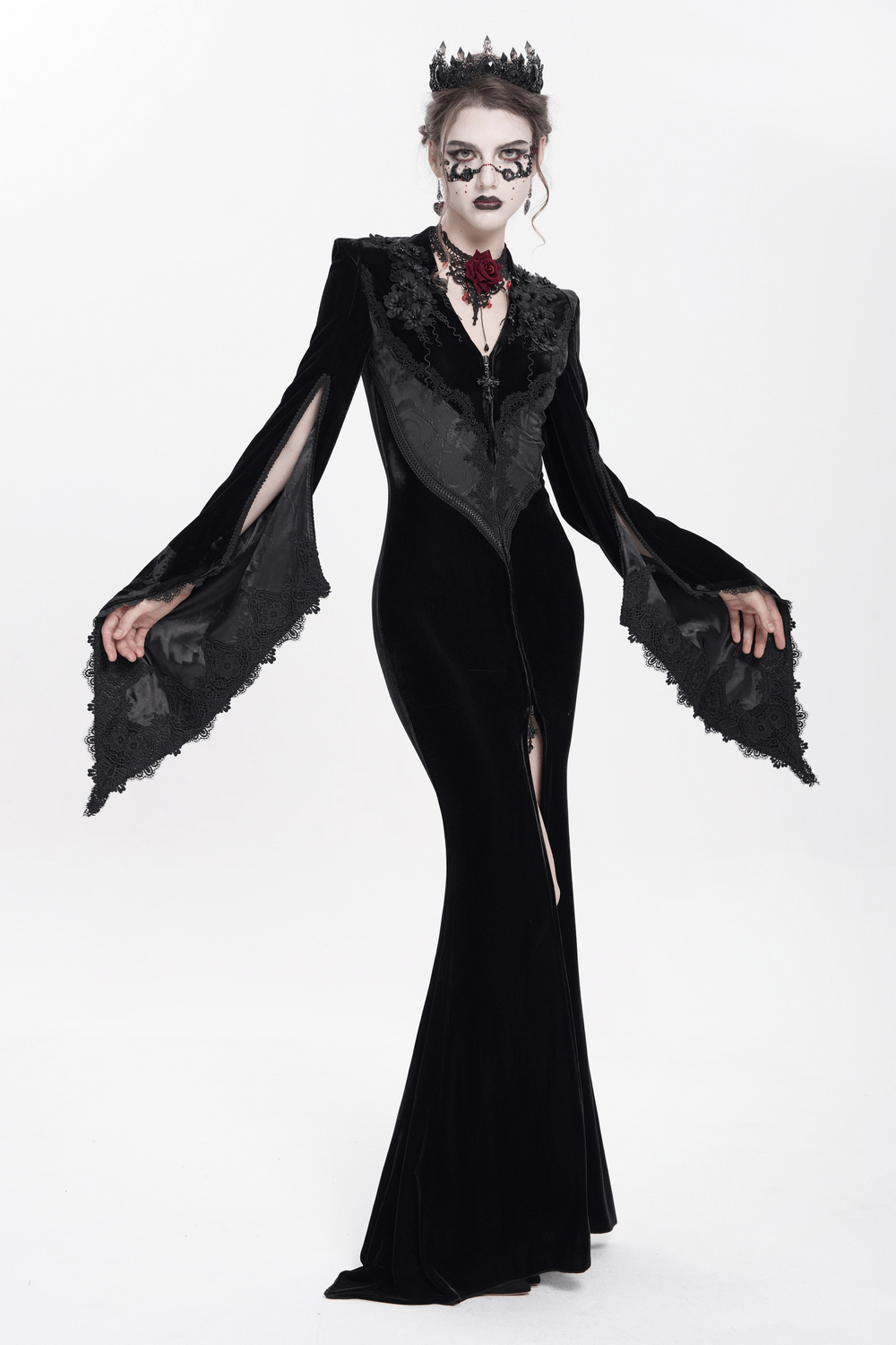 Gothic Black Velvet Long Dress with Lace and Zipper