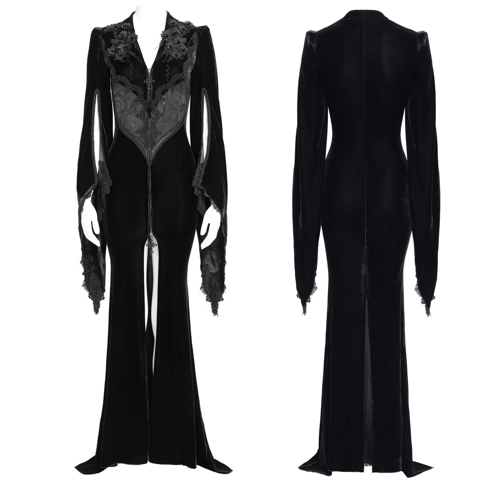 Gothic Black Velvet Long Dress with Lace and Zipper