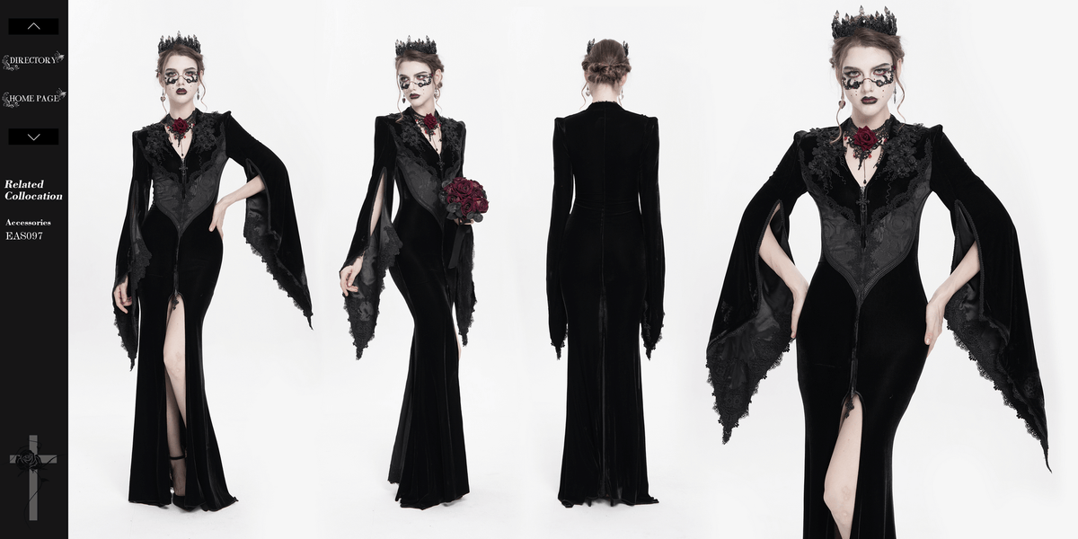 Gothic Black Velvet Long Dress with Lace and Zipper