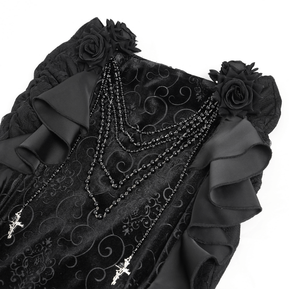 Gothic Black Velvet Maxi Skirt with Ruffles and Chains