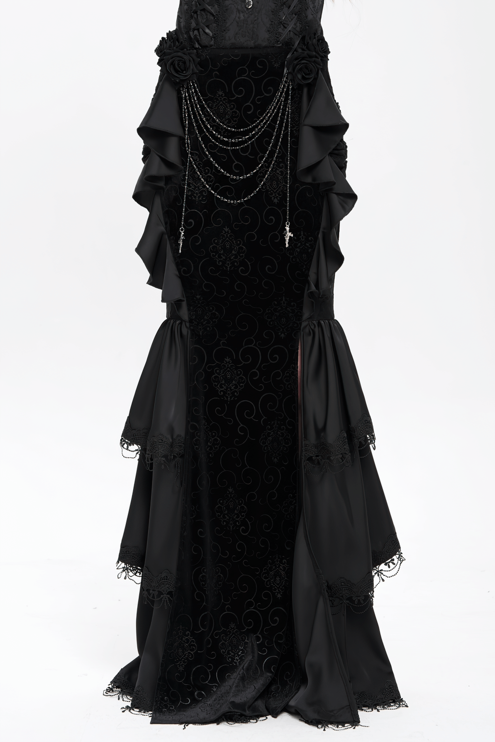 Gothic Black Velvet Maxi Skirt with Ruffles and Chains