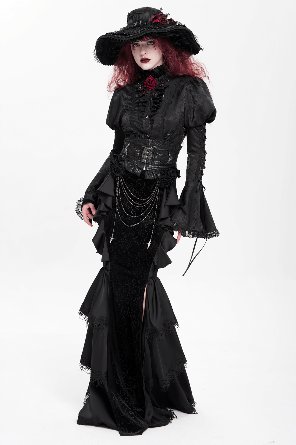 Gothic Black Velvet Maxi Skirt with Ruffles and Chains