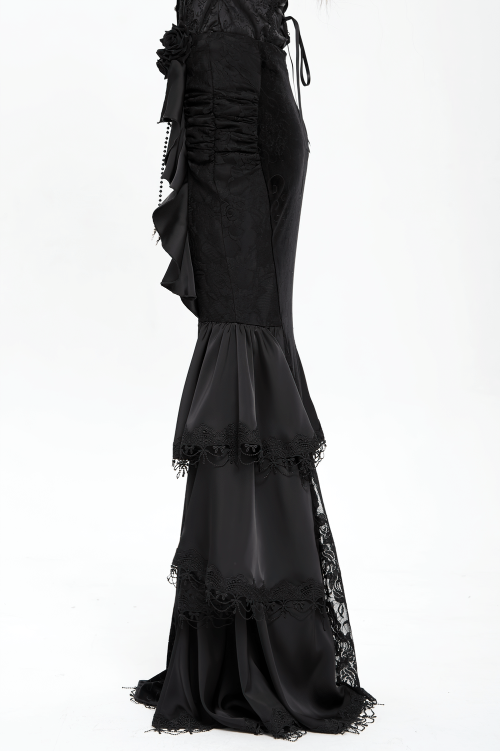 Gothic Black Velvet Maxi Skirt with Ruffles and Chains